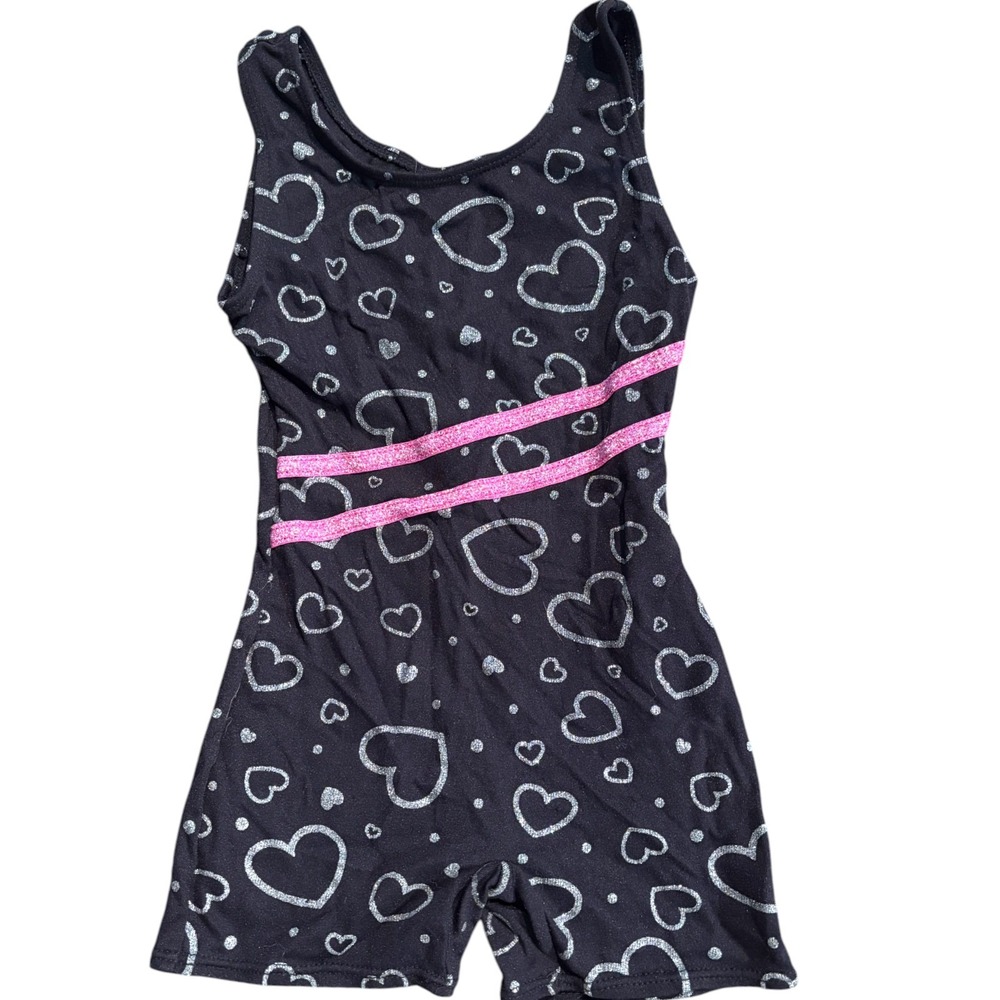 Jacques Moret Girls‎ Black Glitter Heart Gymnastics Biketard Leotard Size 4/5 XS